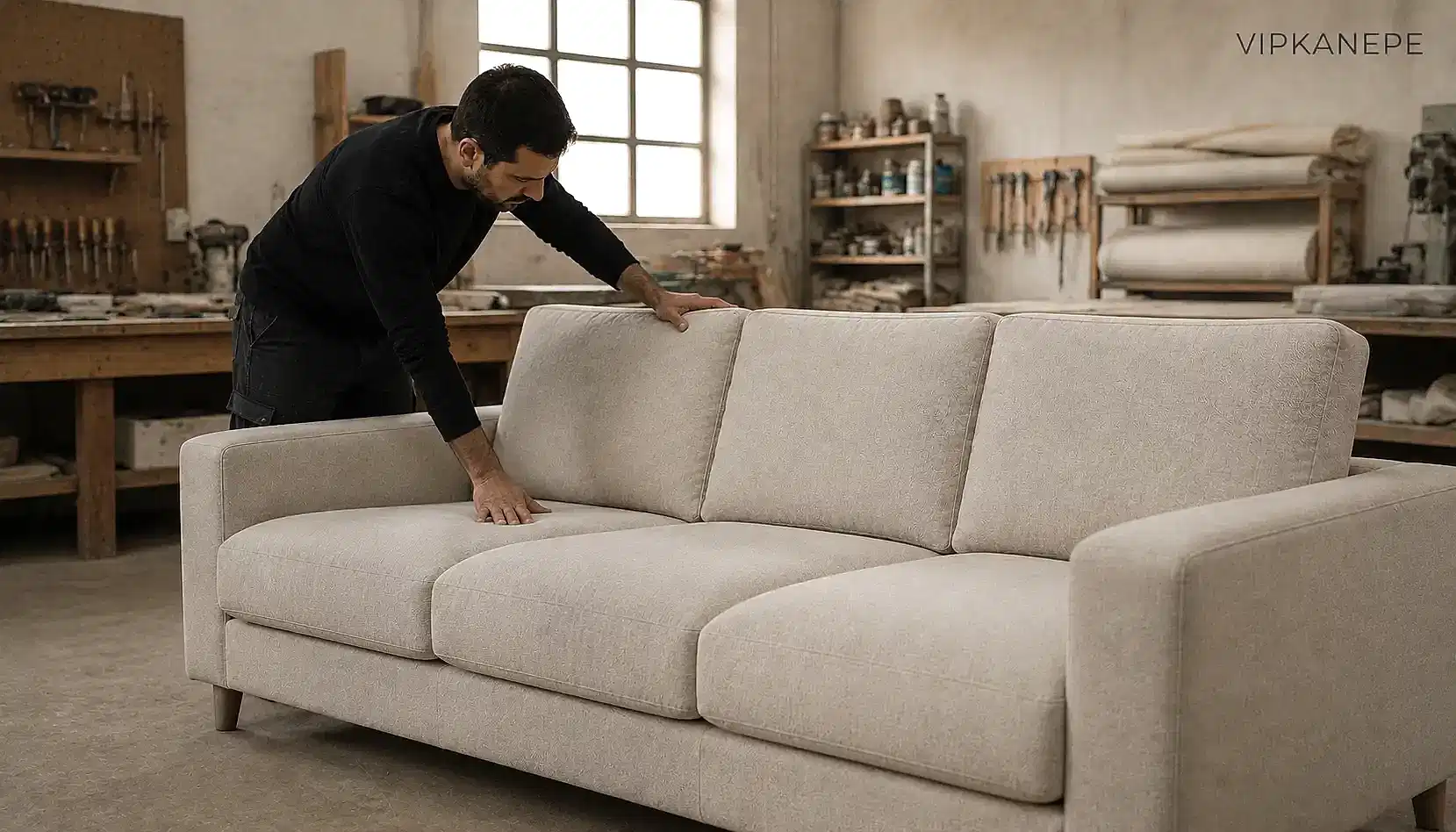 VIPKANEPE atölyesinde koltuk tamiri sonrası son kontrol yapılan model